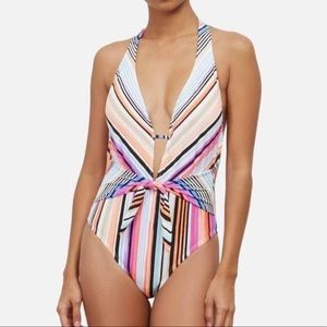 Kenneth Cole small striped womens swimsuit one piece tie neck front and back